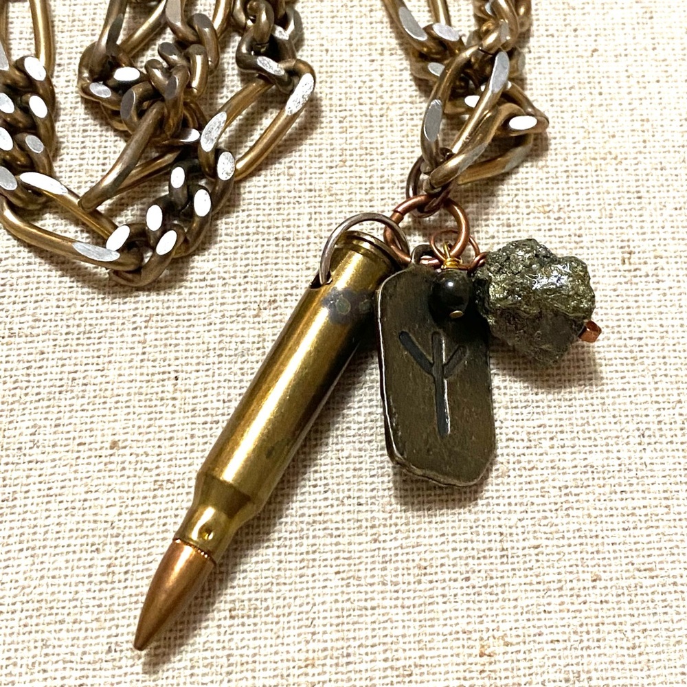 Protection Necklace Bullet Runes Pyrite Obsidian Chain
